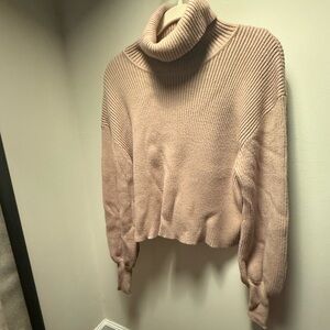 Express Ribbed Knit Turtleneck Cropped Sweater in Blush Pink